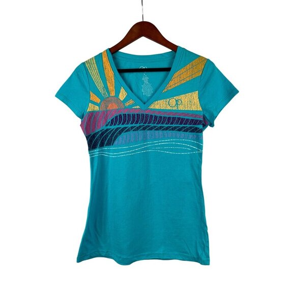 Op Womens M Cotton V-Neck T-Shirt With Sunset Wave Graphic Print - Picture 1 of 4